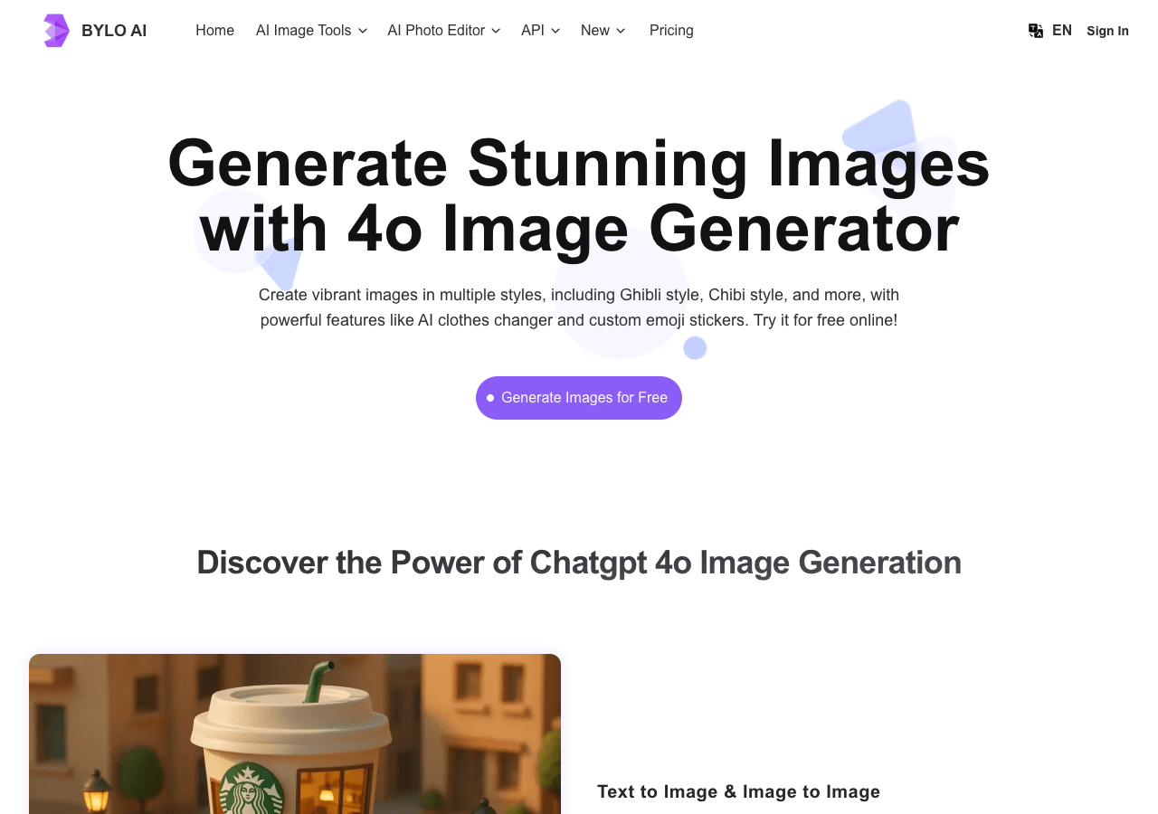 Bylo.ai Image Generation showing Image Generation - Create, Edit & Imagine — All with AI