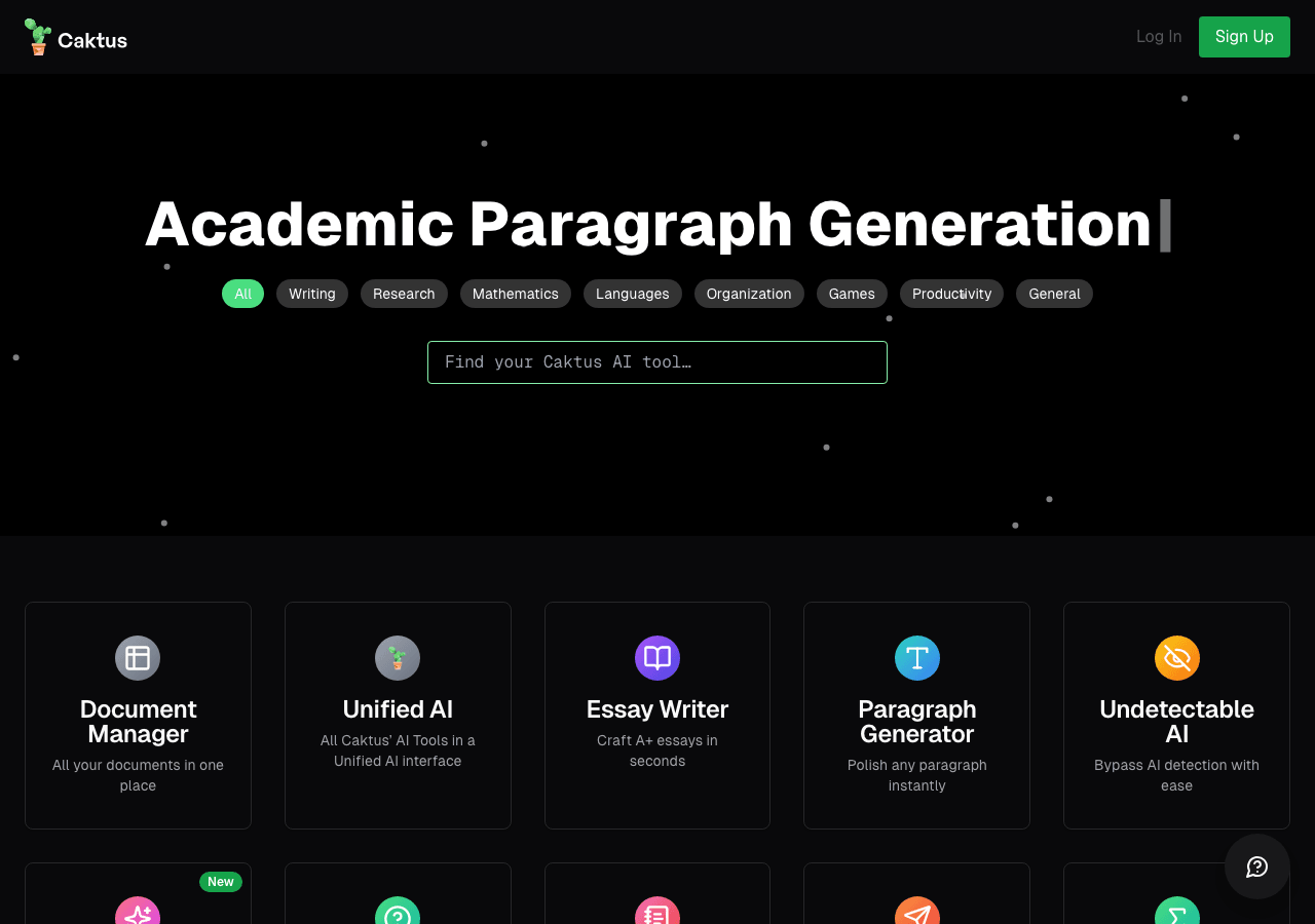 Caktus AI Writing & Translation showing Writing & Translation - The AI Built for Students — Your Ultimate Academic Co-Pilot