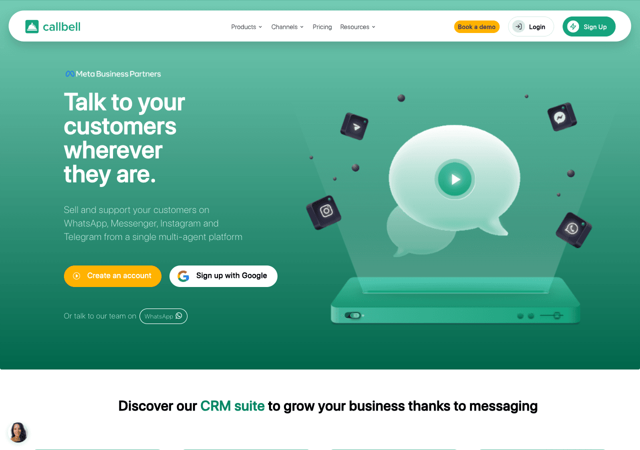 Callbell Conversational AI showing live chat - Connect with your customers across all messaging apps