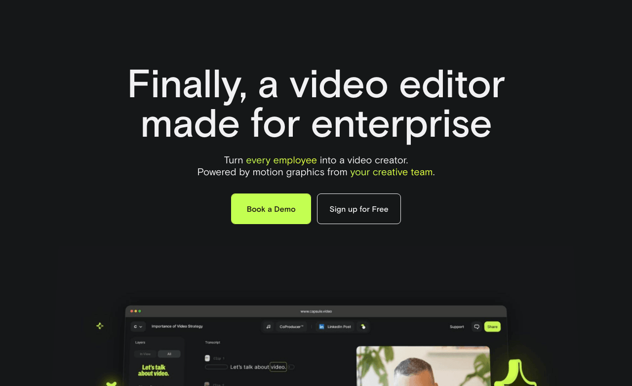 Capsule Video Editing showing Video Editing - Create on-brand videos 10x faster with AI-powered editing and collaboration.