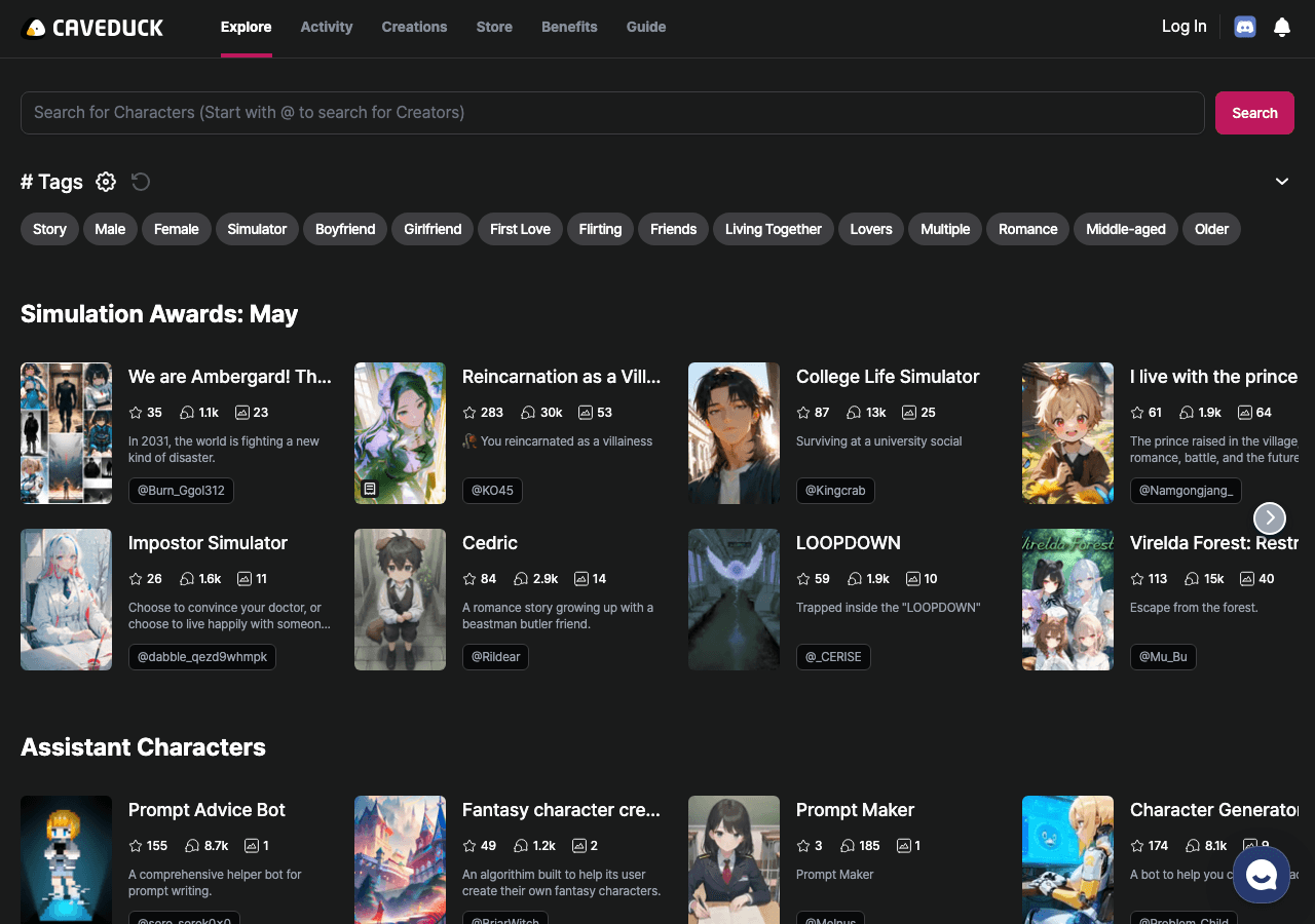 Caveduck Conversational AI showing ai character chat - Create your own AI friends and dive into live, multimodal character ch