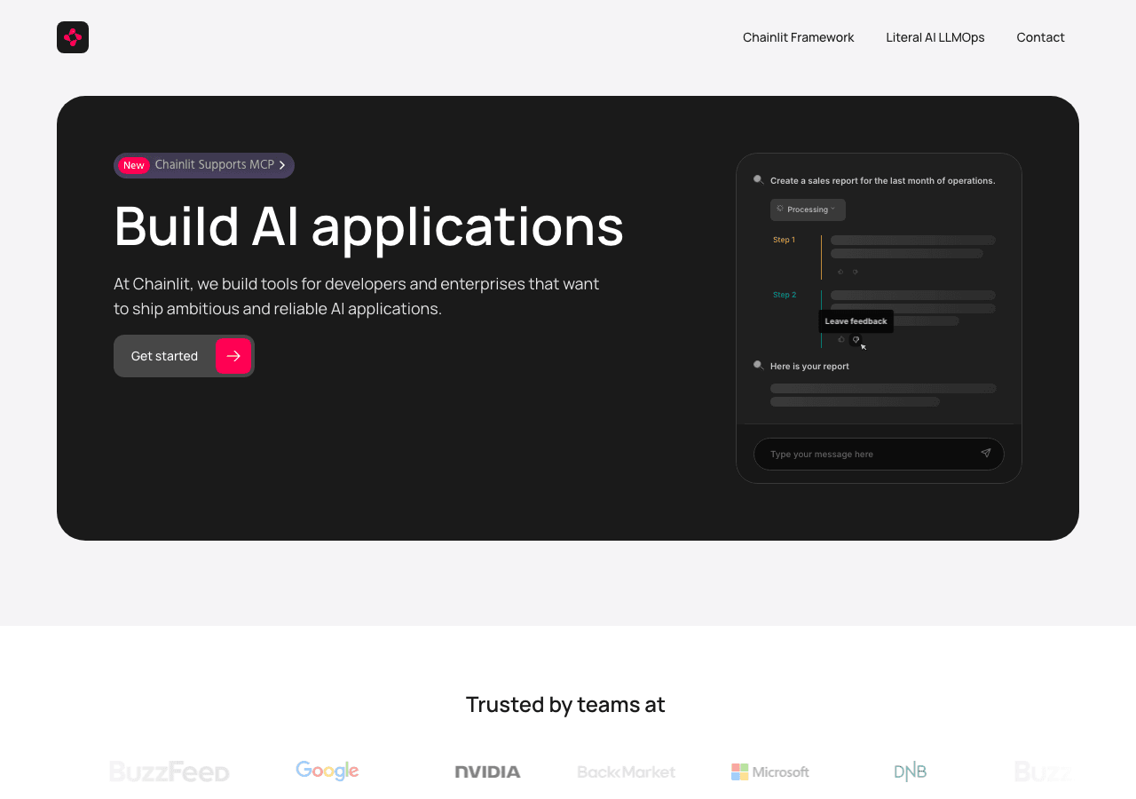 Chainlit Conversational AI showing Conversational AI - Build AI applications fast and securely