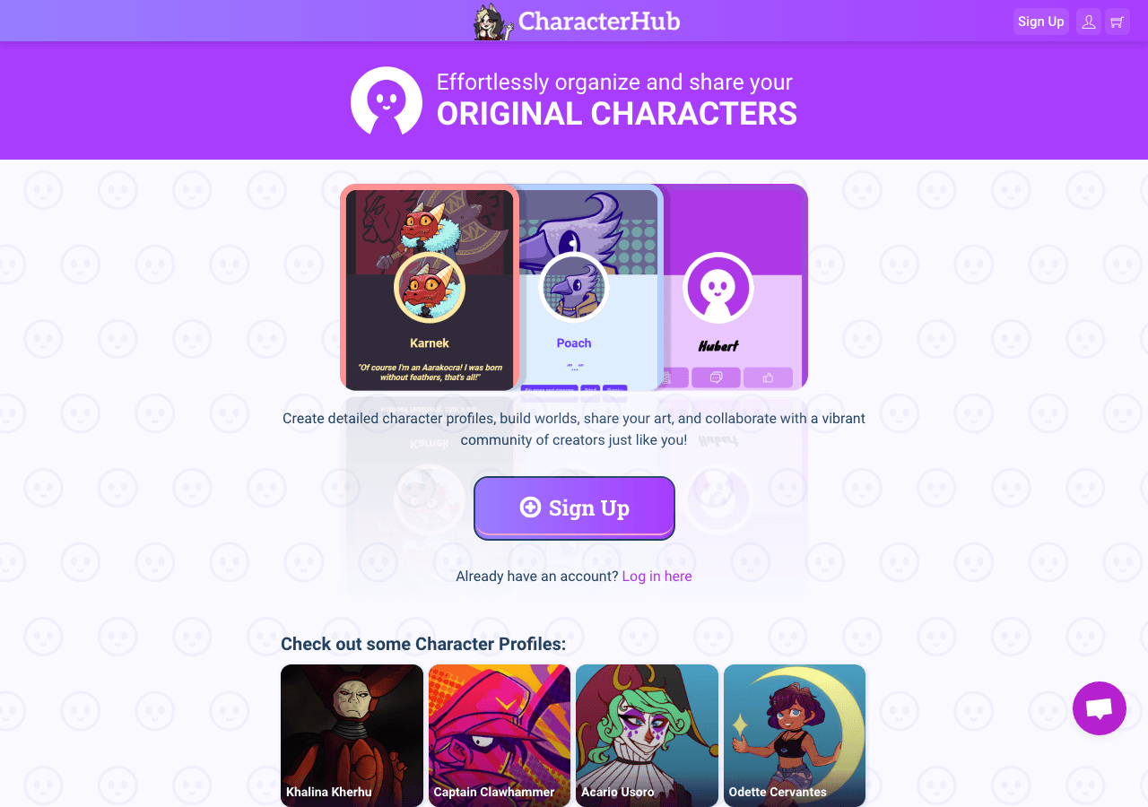 CharacterHub Productivity & Collaboration showing original character management - Share and store your original characters
