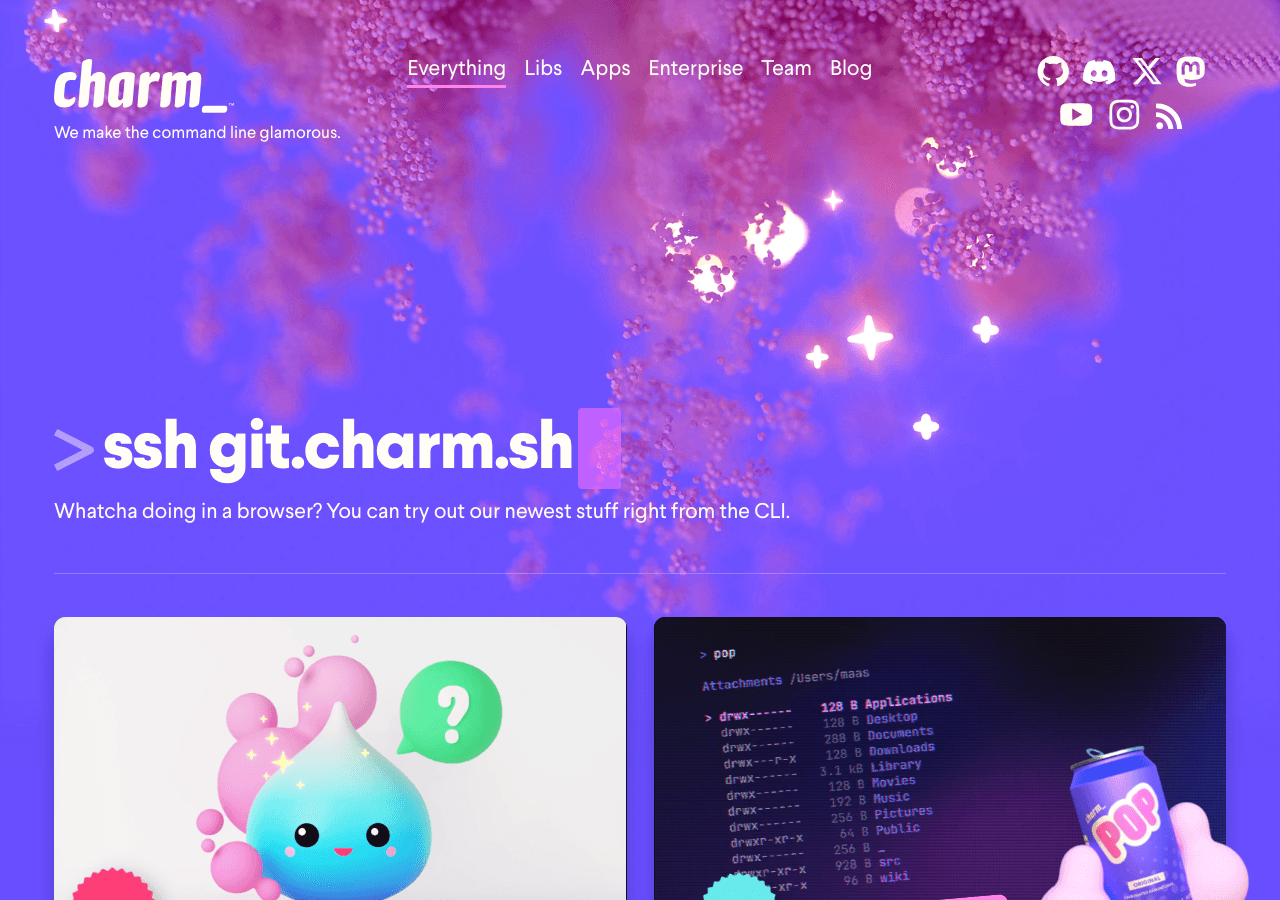 Charm Code Assistance showing Code Assistance - Your tools, your code, and your workflows, wired into your LLM of choice.