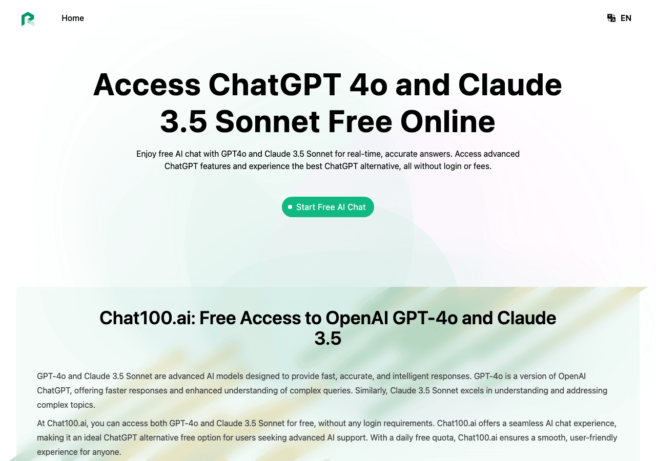 Chat100.ai Conversational AI showing Conversational AI - Experience free, multilingual AI chat with GPT-4o and Claude 3.5—no
