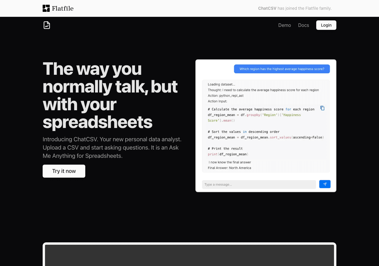 ChatCSV Data Analytics showing Data Analytics - Your personal data analyst: Chat with your CSV and get instant answers and ch
