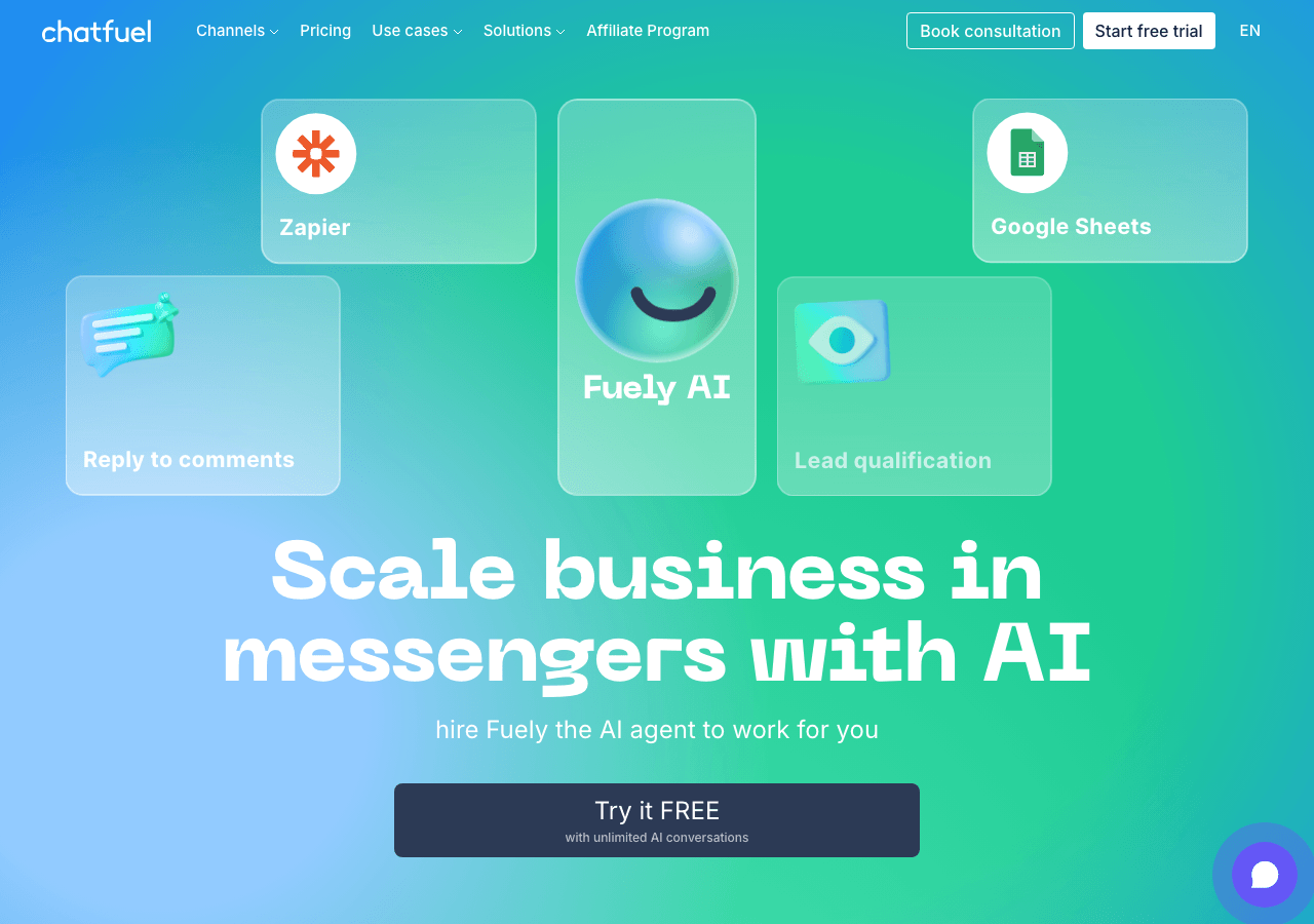 Chatfuel Conversational AI showing Conversational AI - Build a bot in minutes without coding