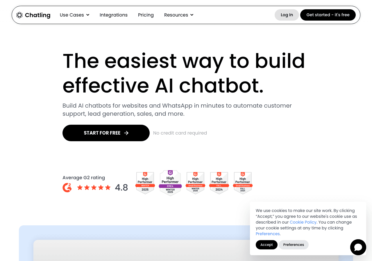 Chatling Conversational AI showing Conversational AI - No-code AI chatbots for customer support, lead generation, and automat