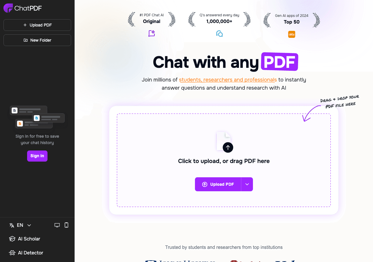 ChatPDF Conversational AI showing pdf chat - Chat with any PDF – Instantly understand, organize, and analyze your documents w