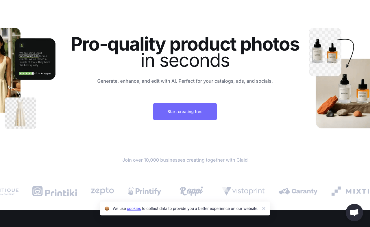 Claid.ai Image Generation showing Image Generation - Pro-quality product photos in seconds. Generate, enhance, and edit with