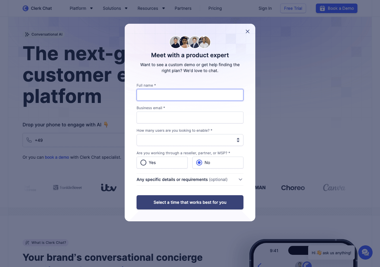 Clerk Chat Conversational AI showing Conversational AI - Empowering Conversations, Simplifying Interactions