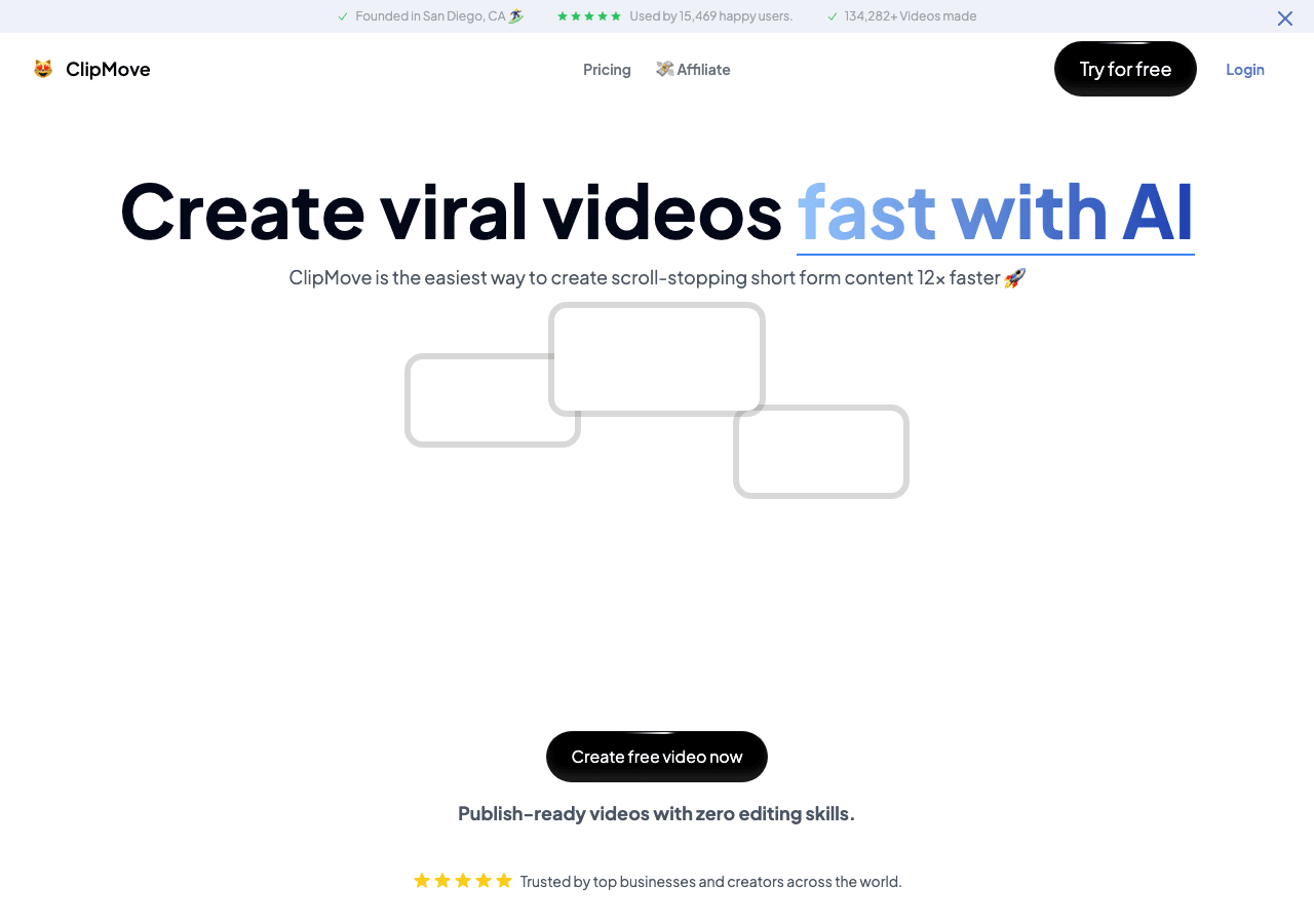ClipMove AI Video Editing showing Video Editing - Create, edit, and enhance videos faster with lifelike AI avatars and captio