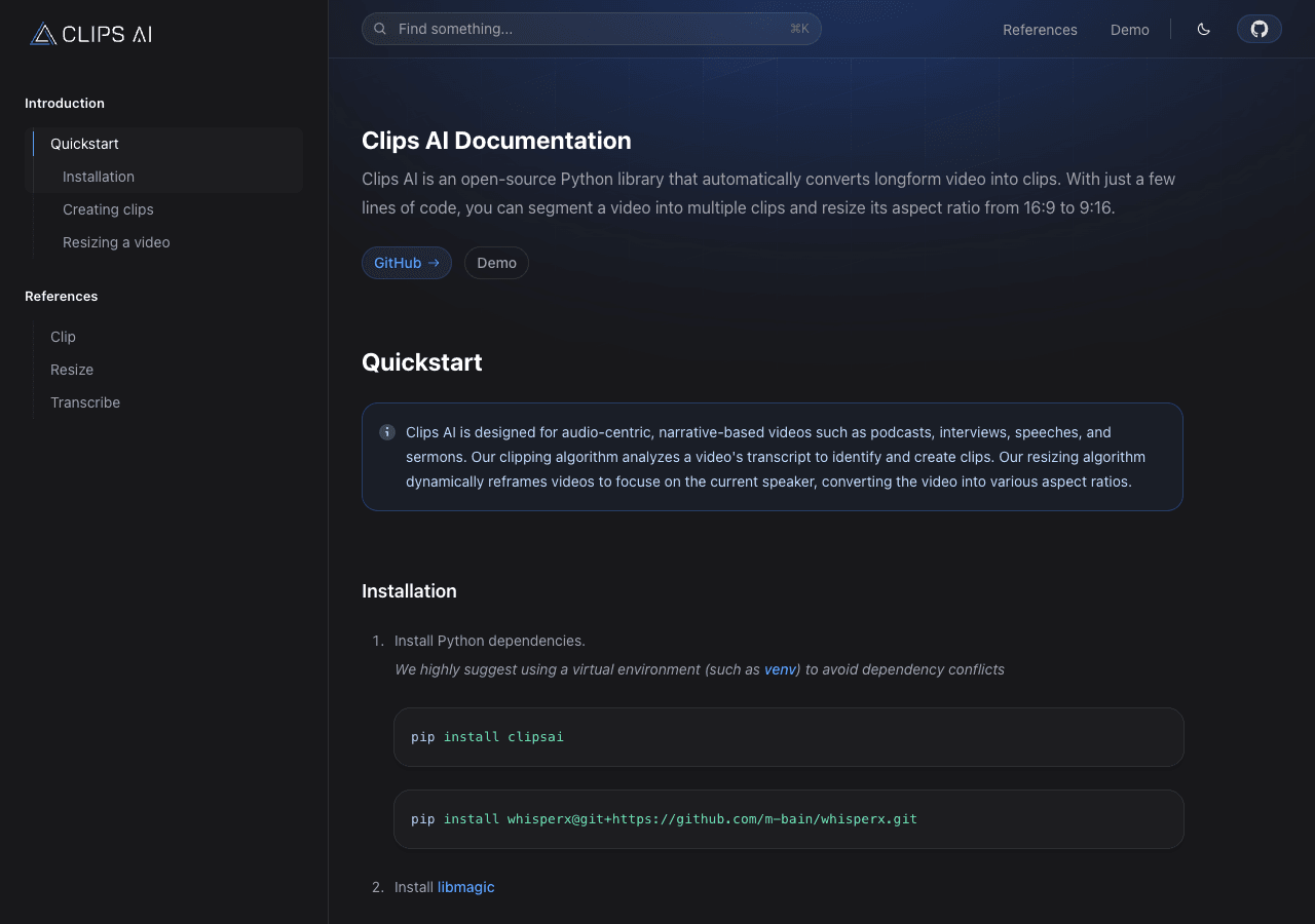 Clips AI Video Editing showing Video Editing - Open‑source AI video repurposing for developers