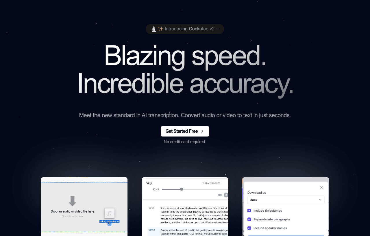 Cockatoo Writing & Translation showing Writing & Translation - Transcribe and translate audio or video instantly with AI