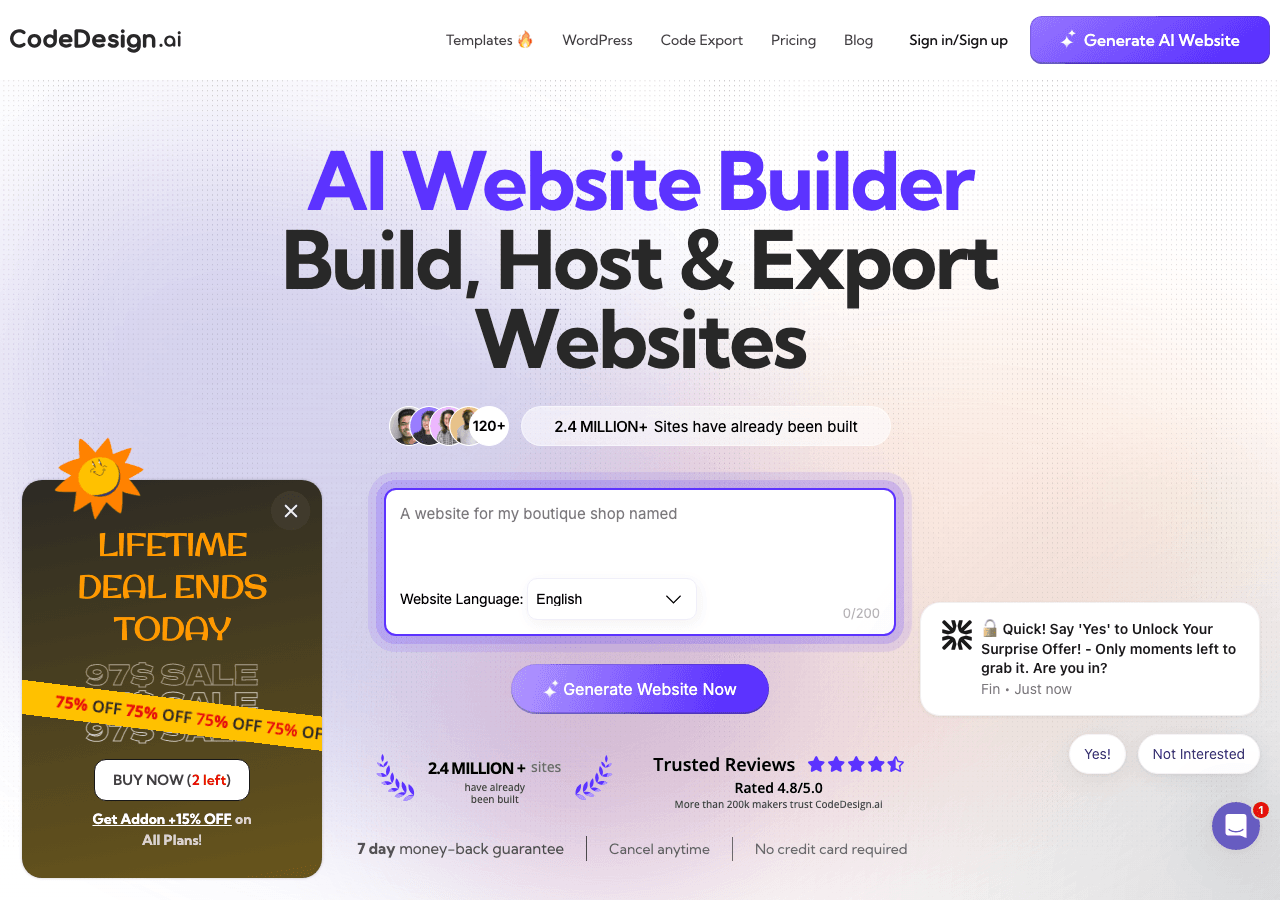 CodeDesign.ai Design showing Design - Build websites, funnels, and content in minutes—powered by AI
