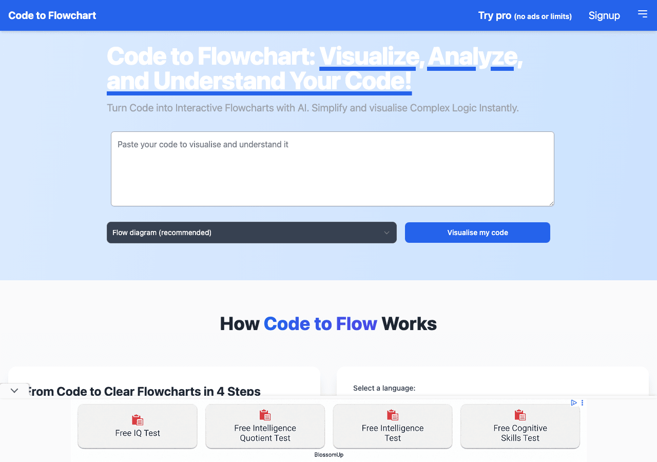 Code to Flow Code Assistance showing Code Assistance - Transform your code into visual flowcharts
