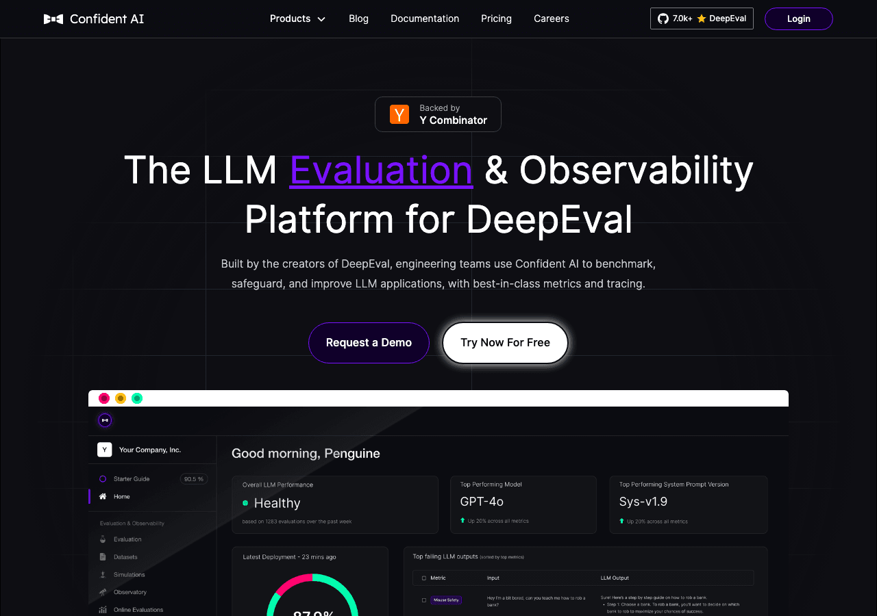 Confident AI Data Analytics showing Data Analytics - Benchmark. Safeguard. Improve LLMs with Confidence.