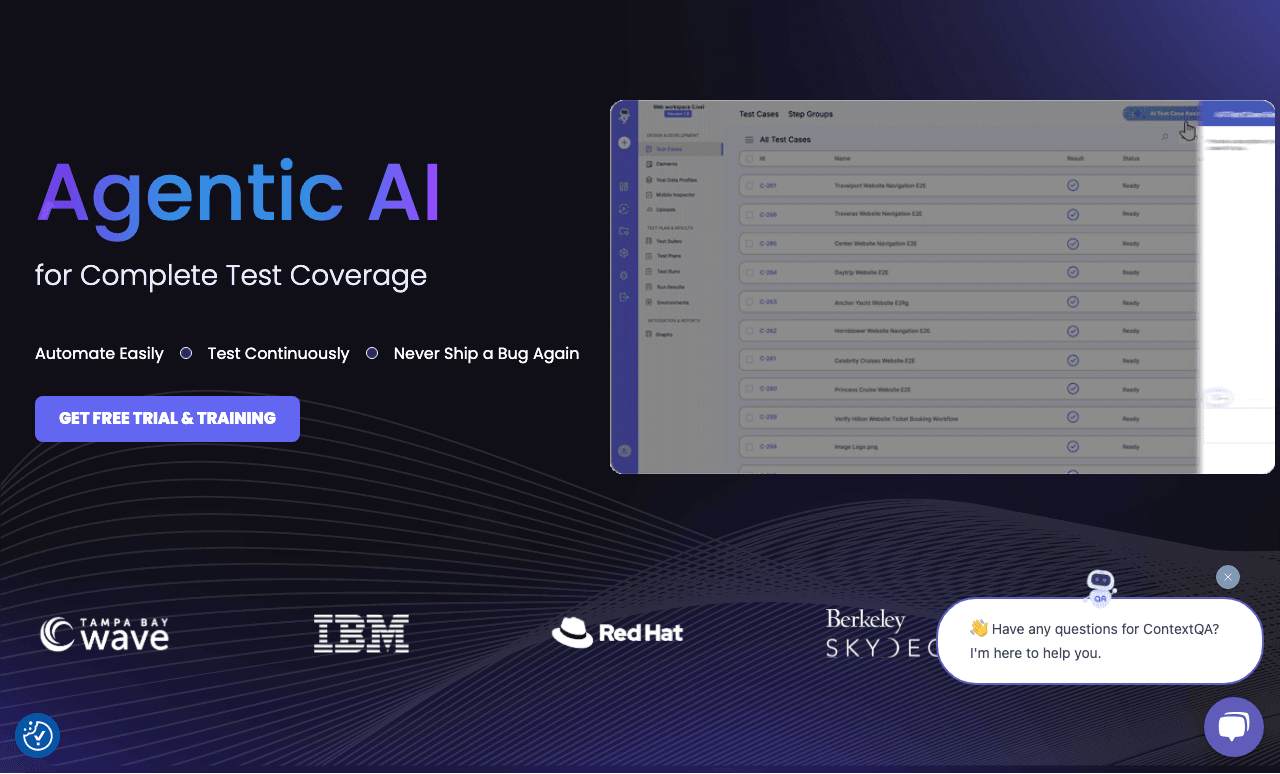 ContextQA Code Assistance showing Code Assistance - QA new code 10x faster with context-aware AI
