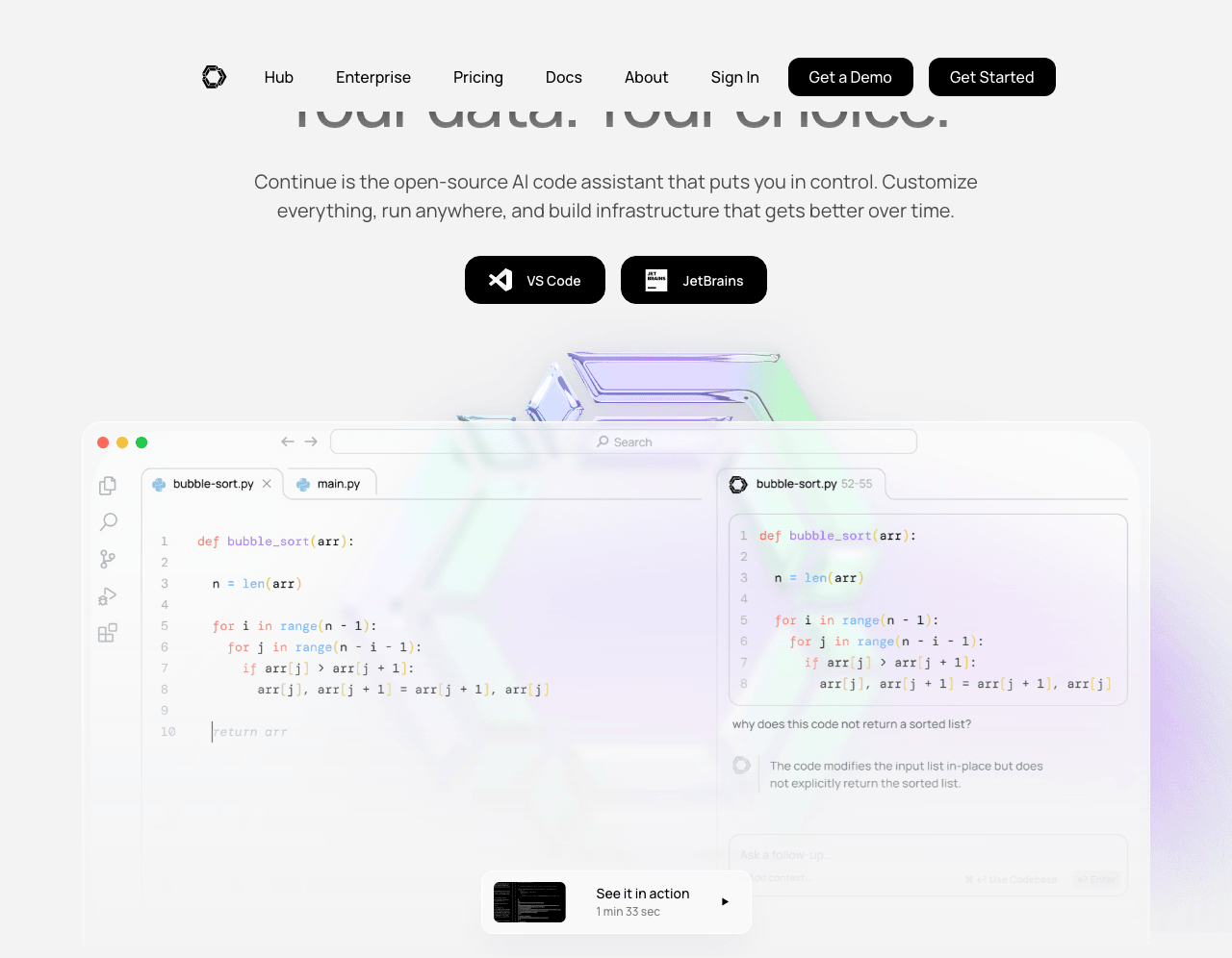 Continue Code Assistance showing Code Assistance - Empowering developers with AI.