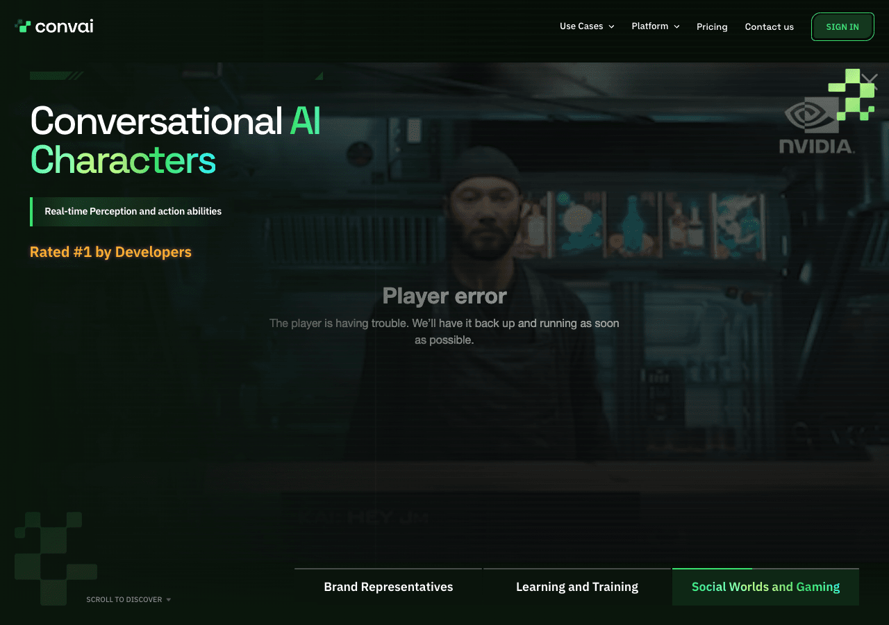 Convai Conversational AI showing Conversational AI - Conversational AI for virtual worlds