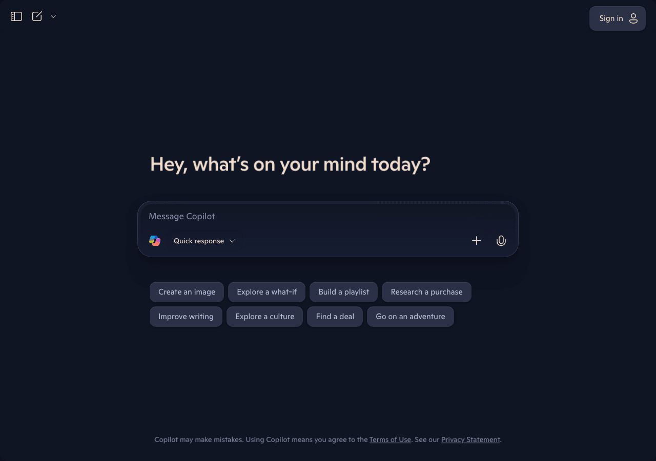 Microsoft Copilot Conversational AI showing Conversational AI - Your everyday AI companion for work, learning, and creativity