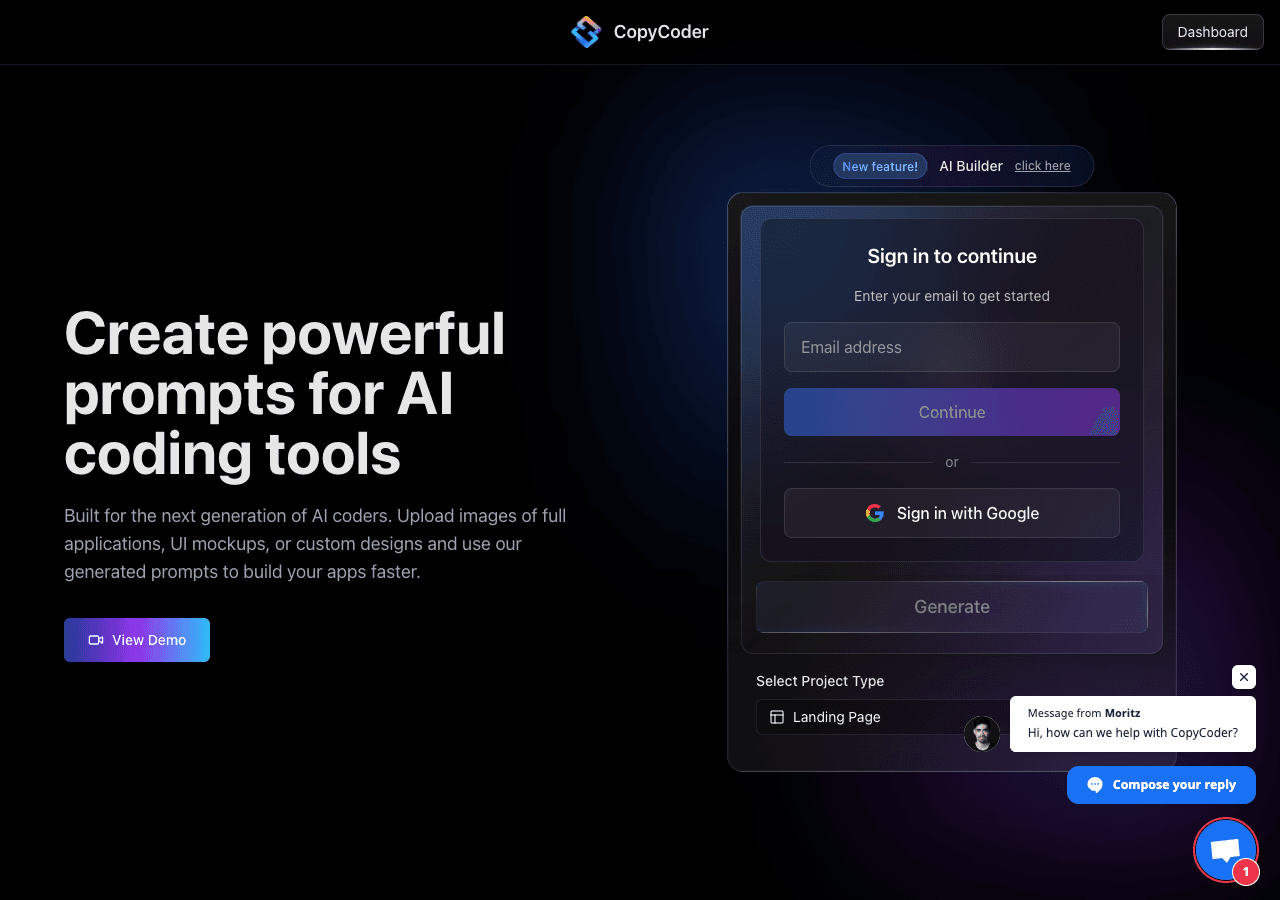 CopyCoder Code Assistance showing Code Assistance - Transform UI designs into code with AI—faster prototyping, smarter develo