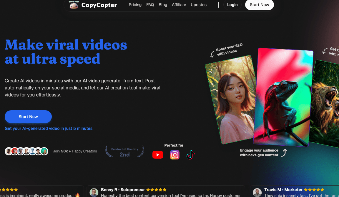 CopyCopter Video Generation showing Video Generation - Effortless Multilingual Copywriting