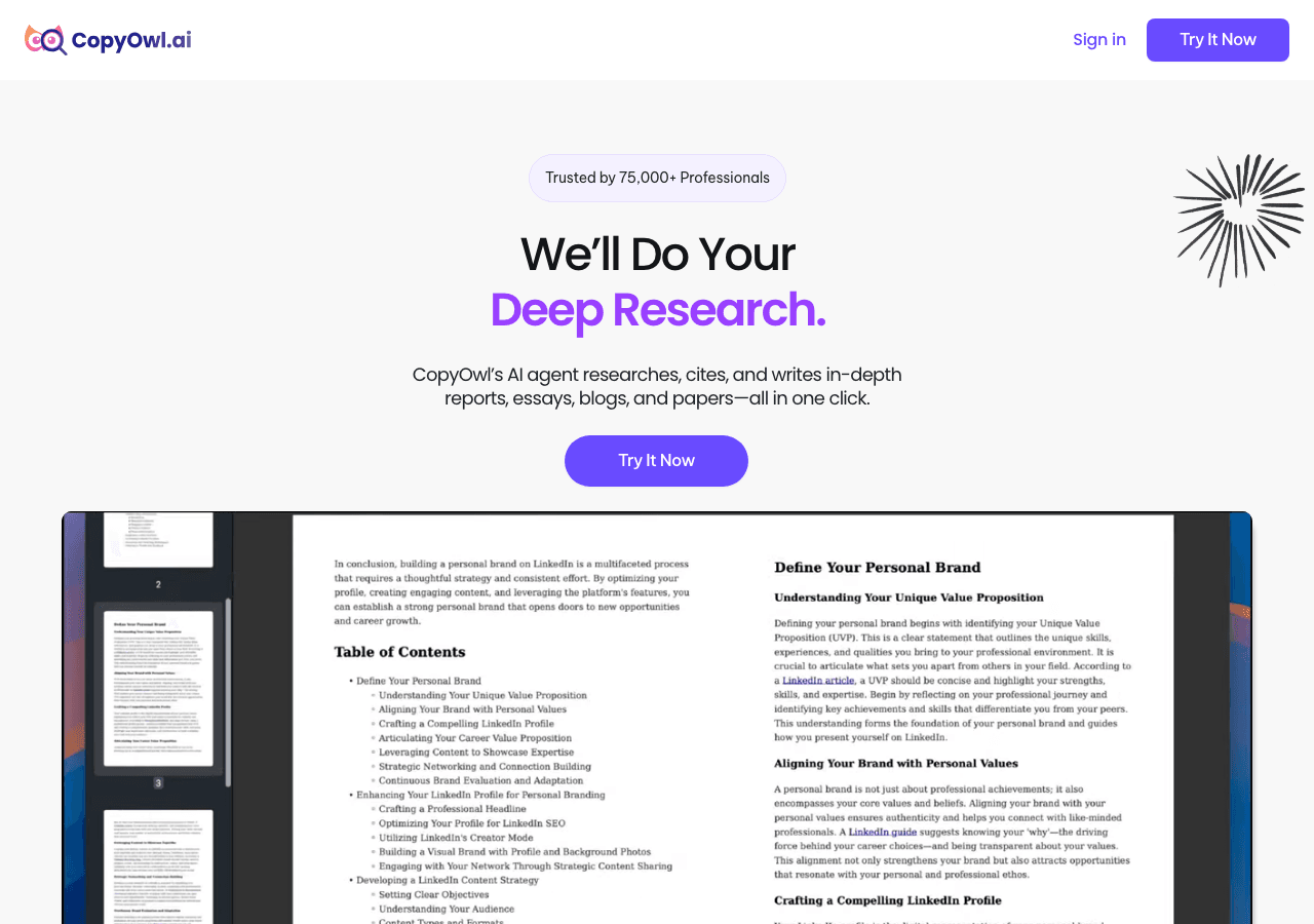 CopyOwl.ai Writing & Translation showing Writing & Translation - We’ll Do Your Deep Research.