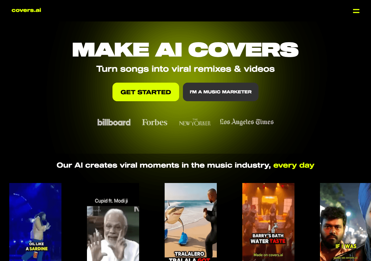 Covers.ai Audio Generation showing ai music generator - AI remix and cover tools for your next viral hit.