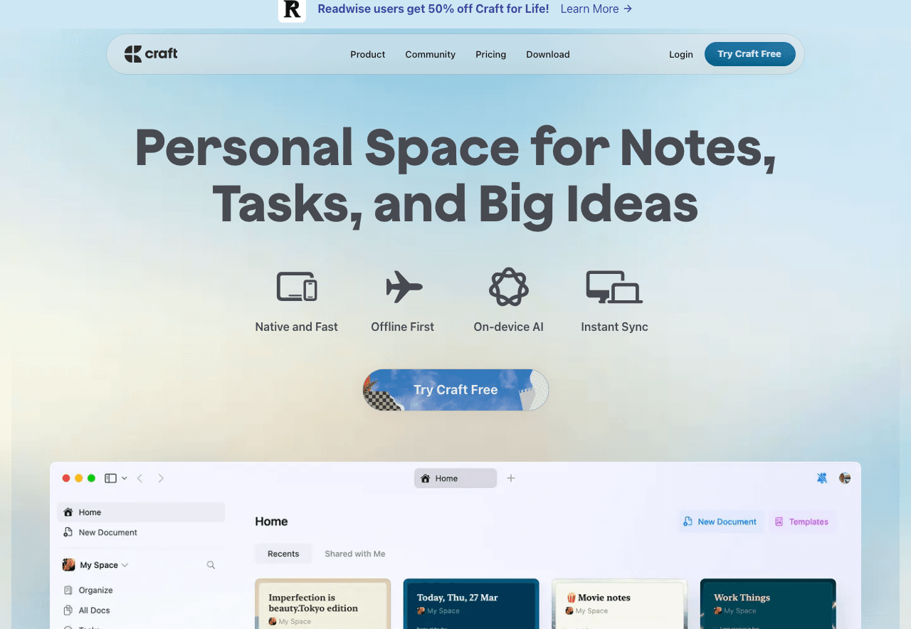 Craft Productivity & Collaboration showing Productivity & Collaboration - Elevate your team's productivity with Craft