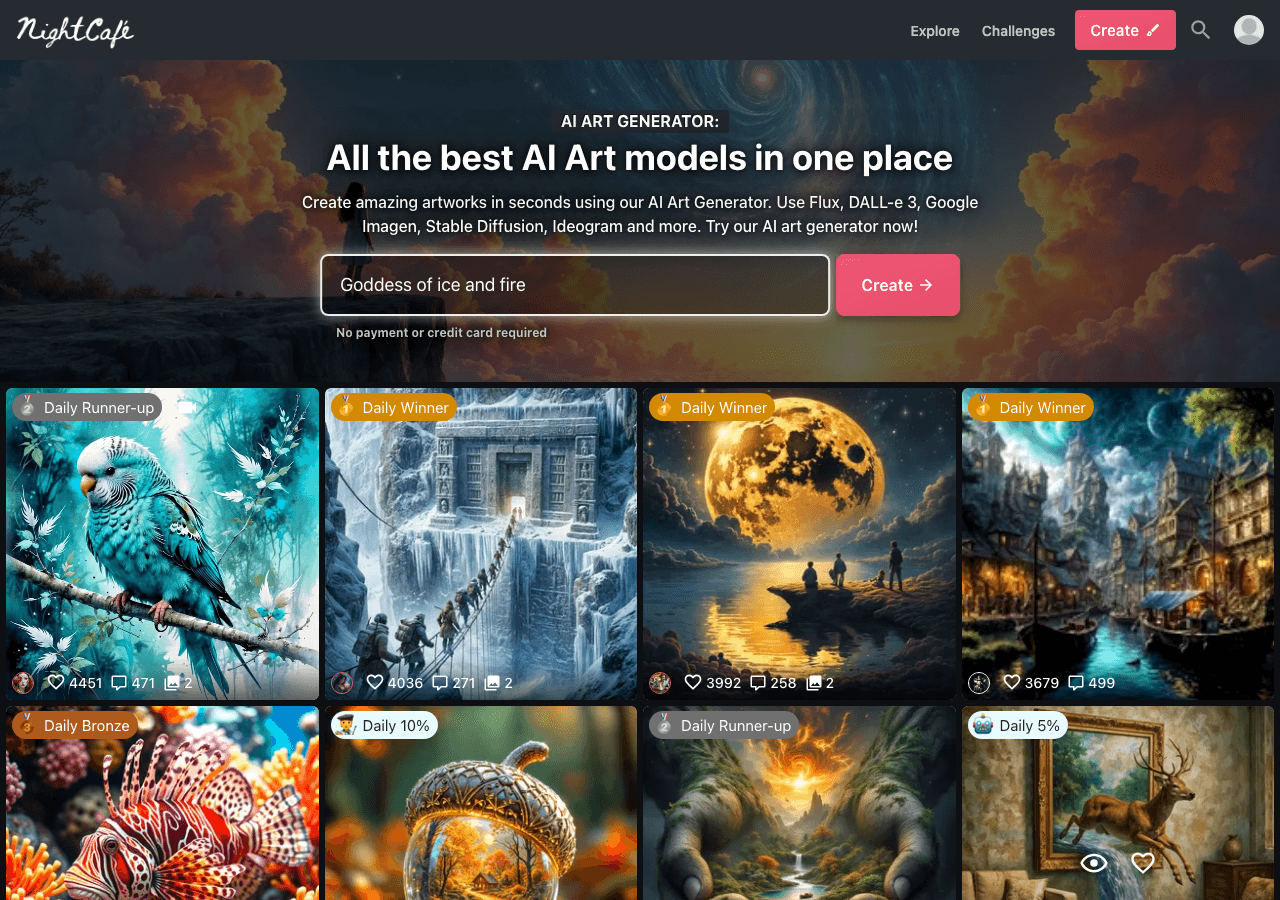 NightCafe Creator Image Generation showing Image Generation - Create AI art, join a thriving creative community