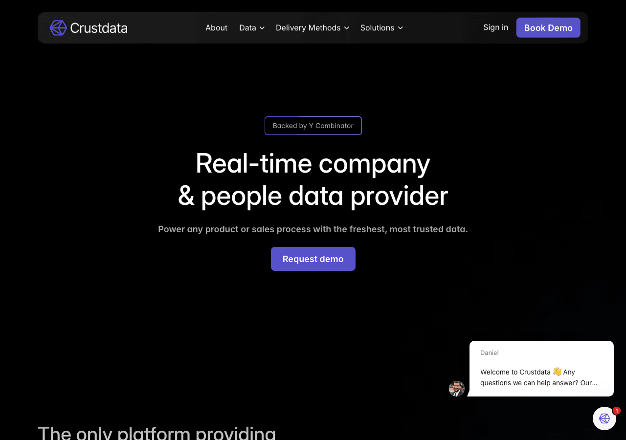 Crustdata Data Analytics showing Data Analytics - Real-Time B2B Data. Instant Signals. Smarter Workflows.