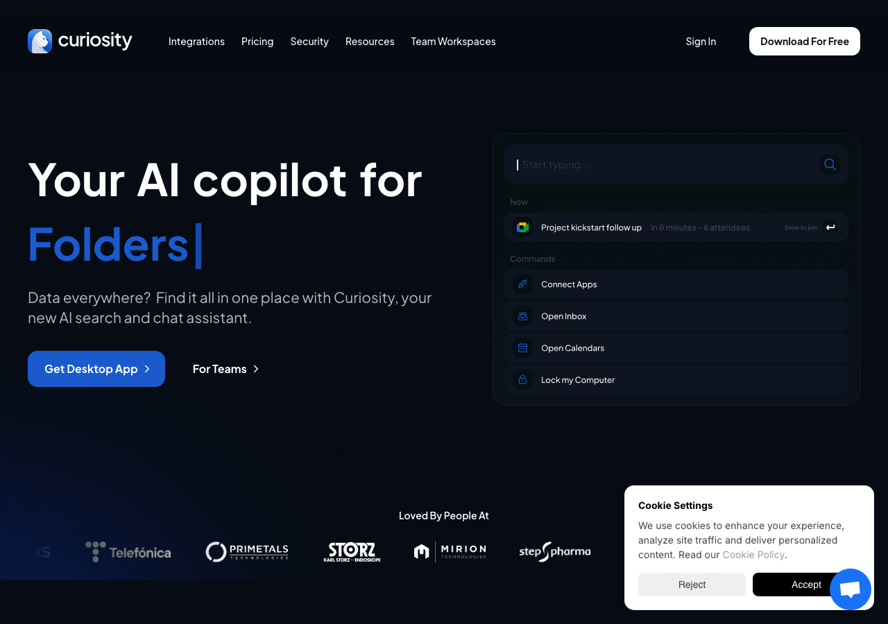 Curiosity AI Search & Discovery showing Search & Discovery - Your Private, Unified Search Engine for Everything