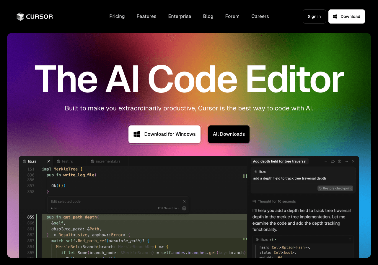 Cursor Code Assistance showing Code Assistance - The AI code editor that understands your entire codebase