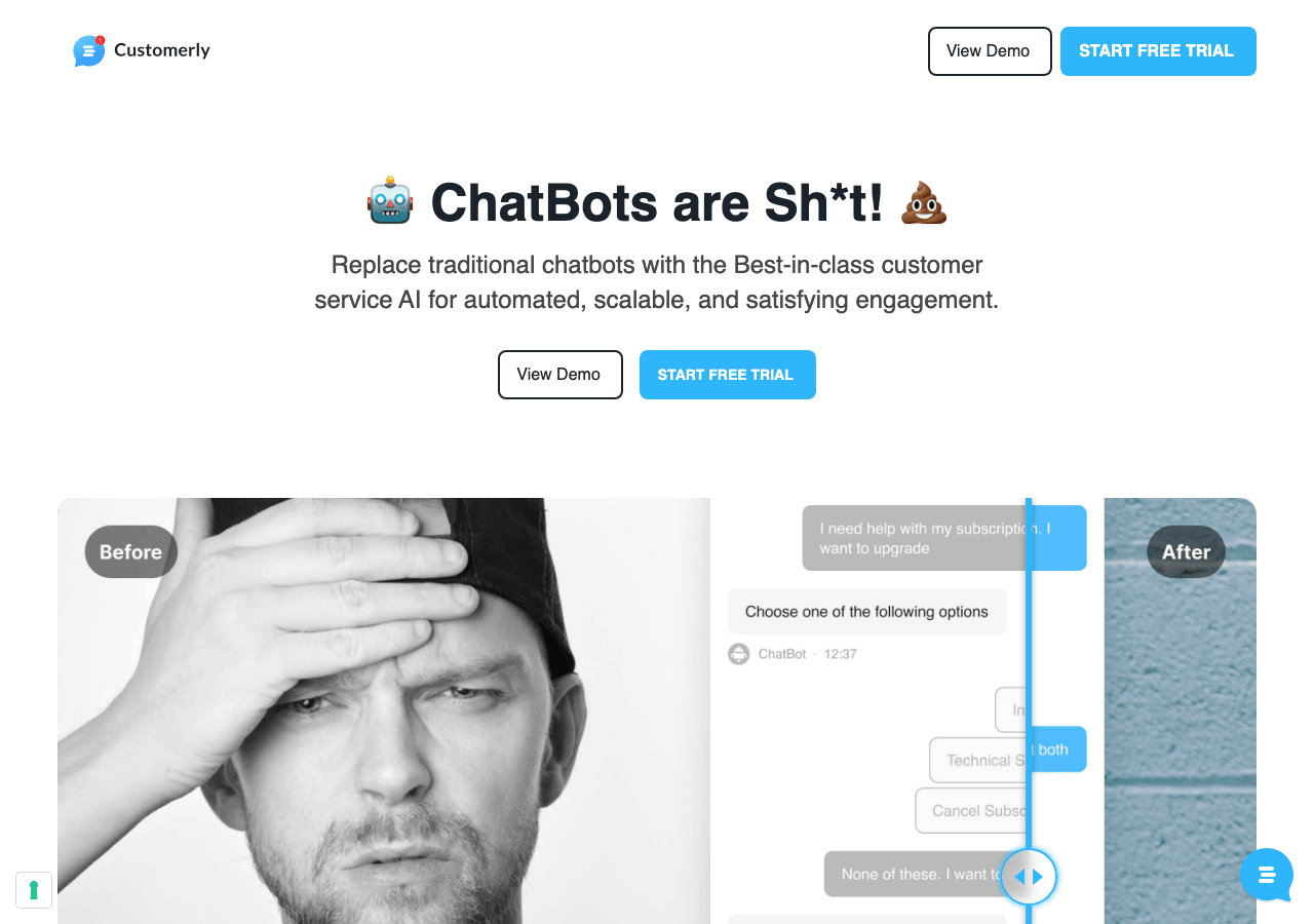 Customerly Conversational AI showing Conversational AI - Solve customer requests 10X faster with AI-powered support, live cha