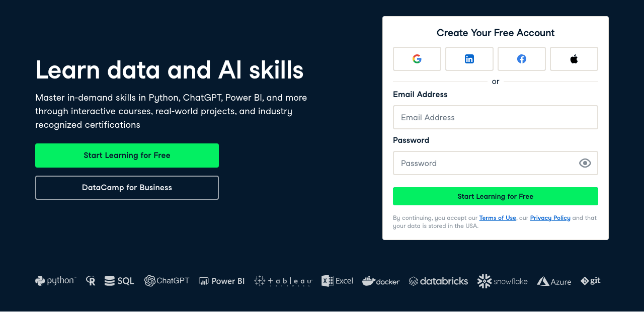 DataCamp Data Analytics showing Data Analytics - Master Data & AI Skills. Learn by Doing.