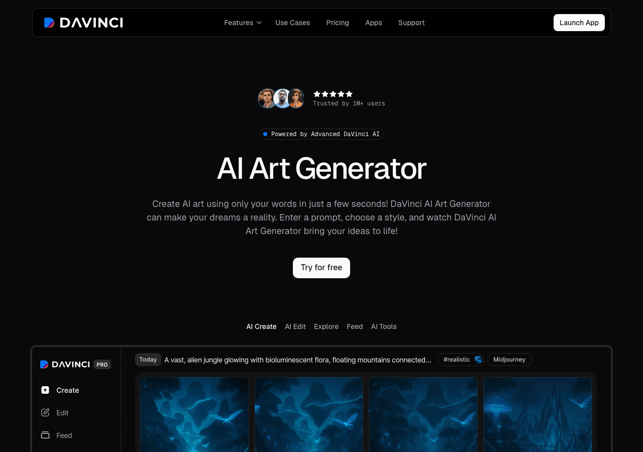 DaVinci AI Image Generation showing Image Generation - Transform your ideas into stunning AI art