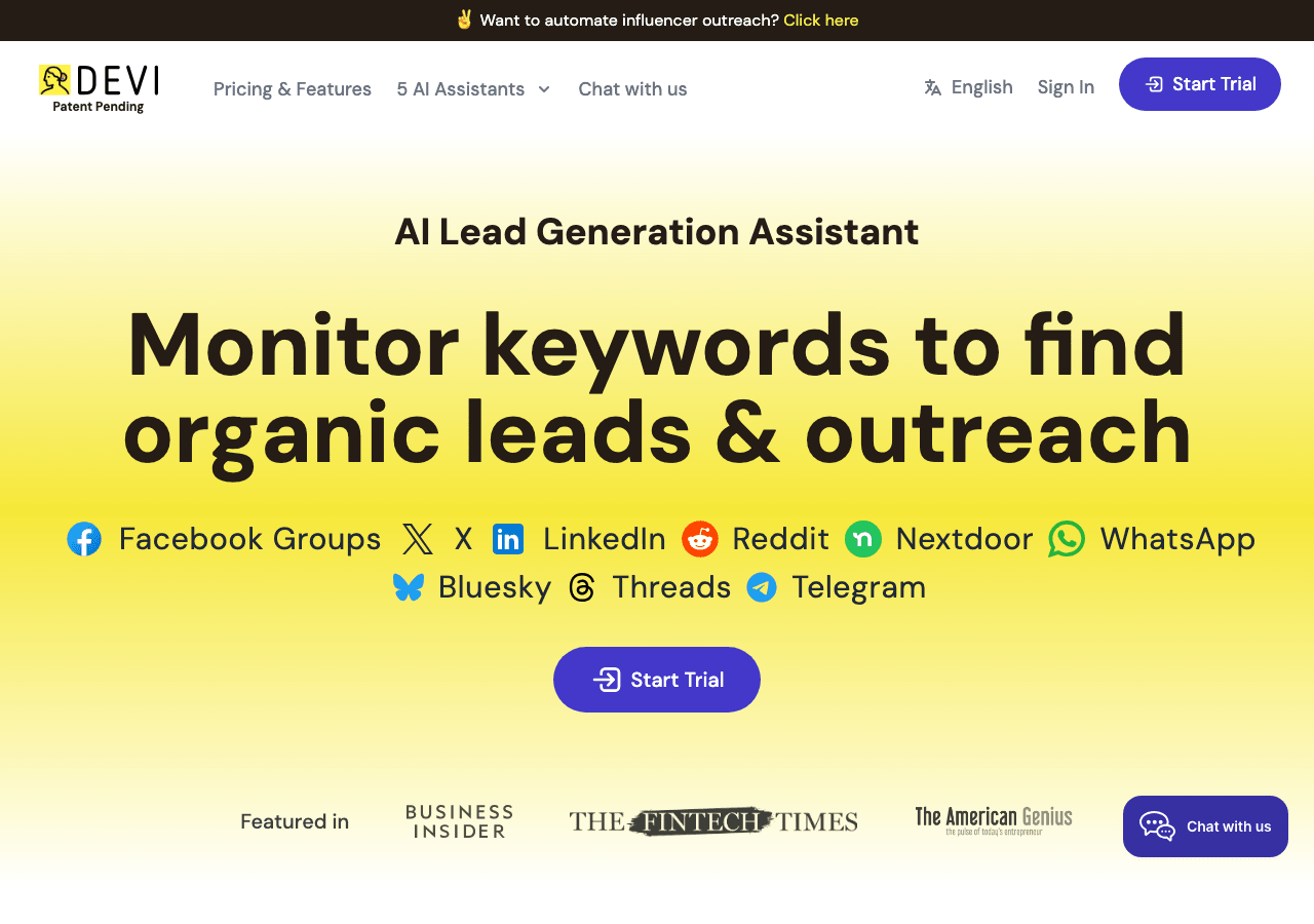 Devi AI Marketing Automation showing Marketing Automation - AI-powered social media leads and content—automated for your busi