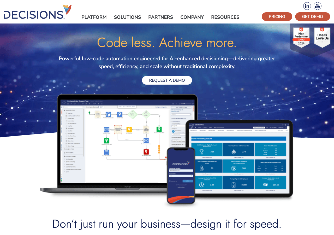 Decisions Data Analytics showing Data Analytics - Code less. Achieve more.