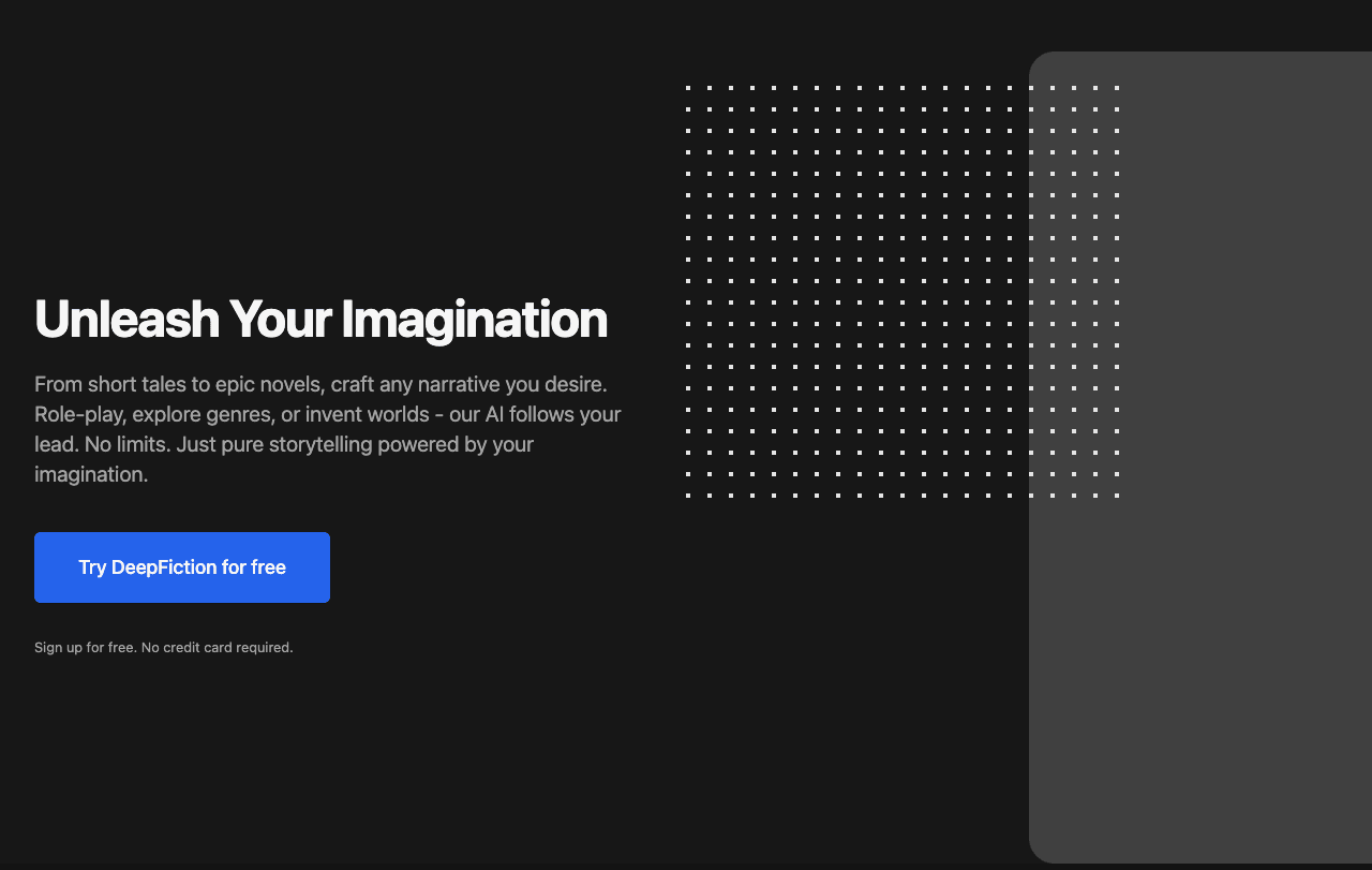 DeepFictionAI Writing & Translation showing Writing & Translation - Create without limits. AI-powered stories, photorealistic
