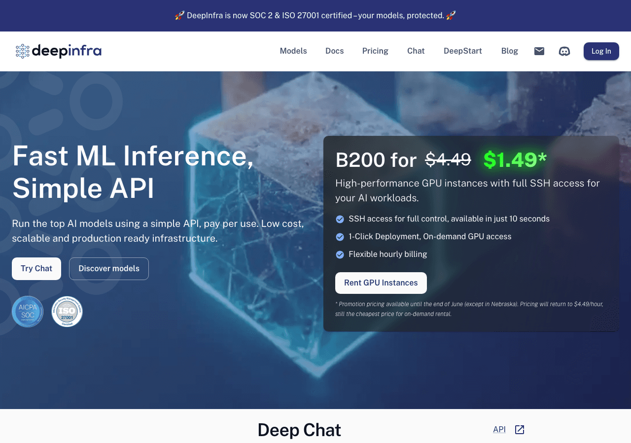 Deep Infra Code Assistance showing conversational ai - Run models at scale with our fully managed GPU infrastructure, deliver