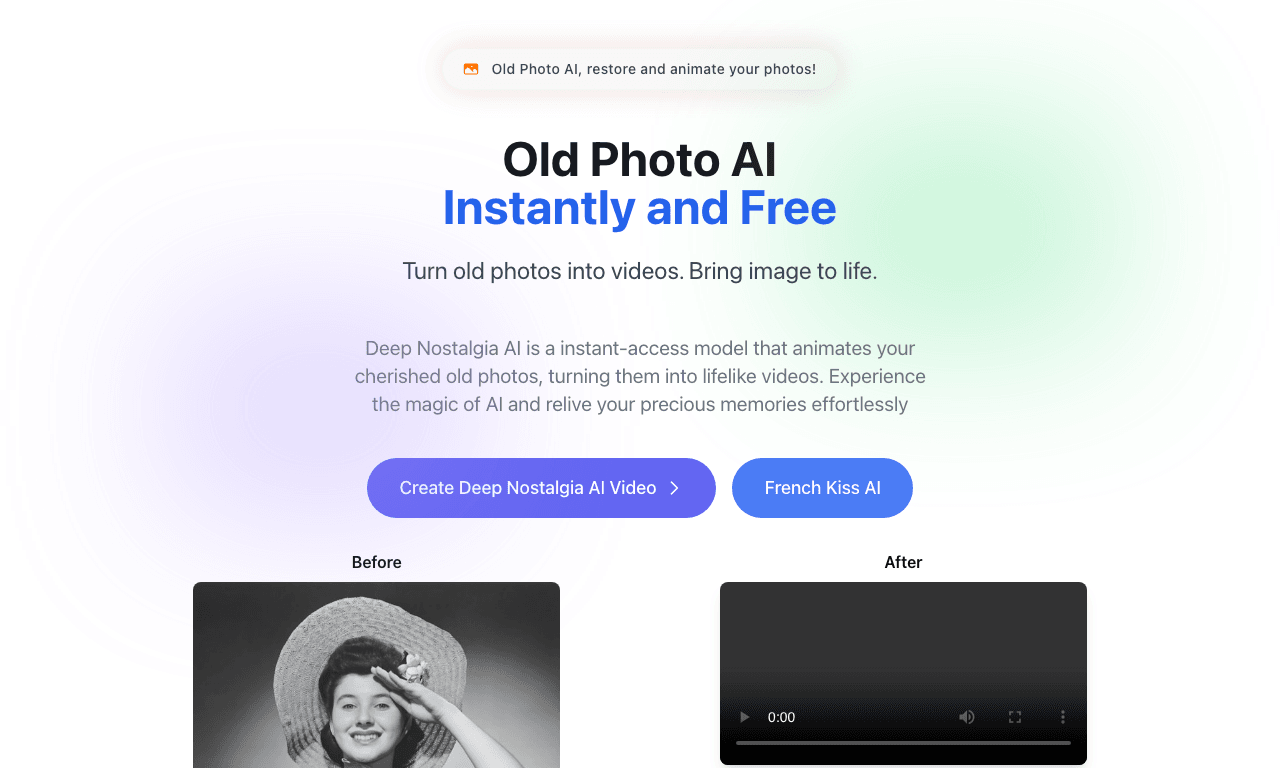 Old Photo AI Image Generation showing Image Generation - Bring your photos to life