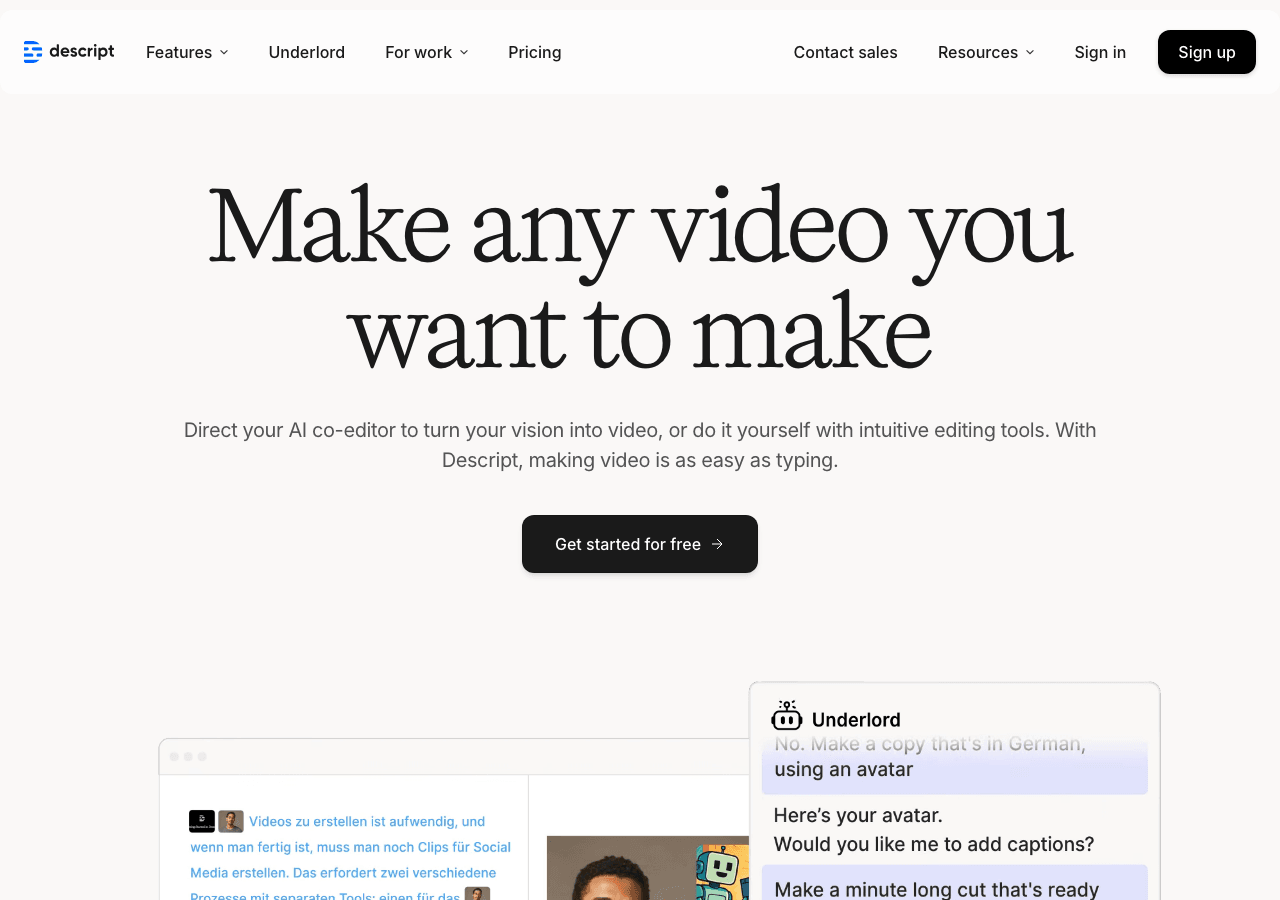 Descript Video Editing showing Video Editing - Edit video like a doc