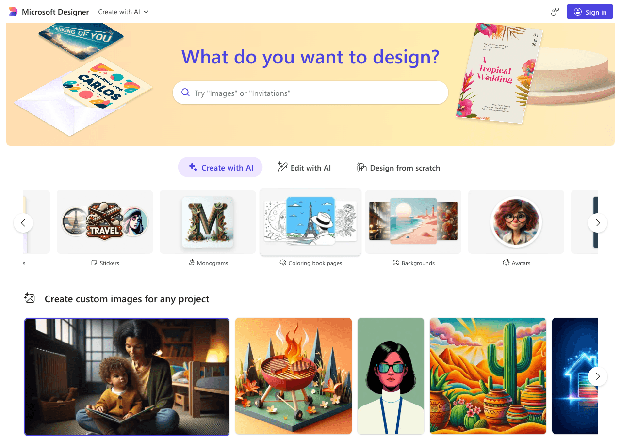 Microsoft Designer Image Generation showing Image Generation - Create stunning designs in seconds with AI