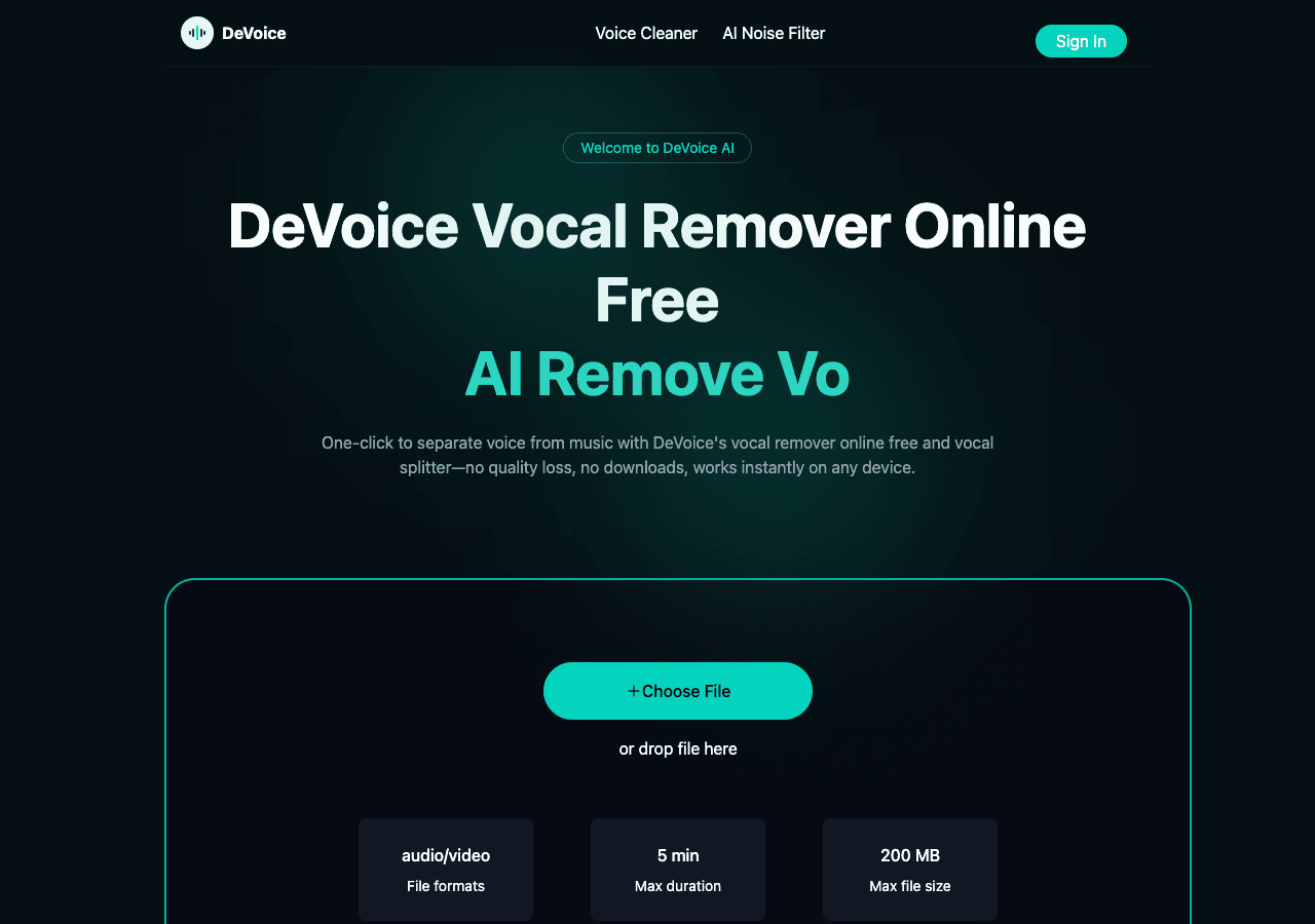 DeVoice Audio Generation showing Audio Generation - Create, transcribe, and clean your audio with AI.