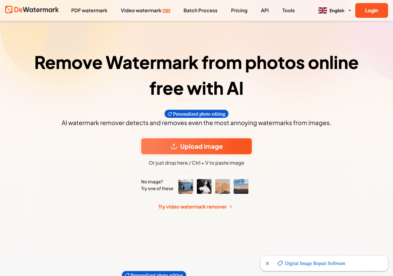 Dewatermark.AI Design showing ai watermark remover - Smart AI watermark removal for images, videos, and PDFs – online, on des