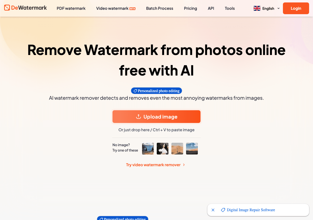 Dewatermark.AI Design showing Design - Smart AI watermark removal for images, videos, and PDFs – online, on desktop, and on m