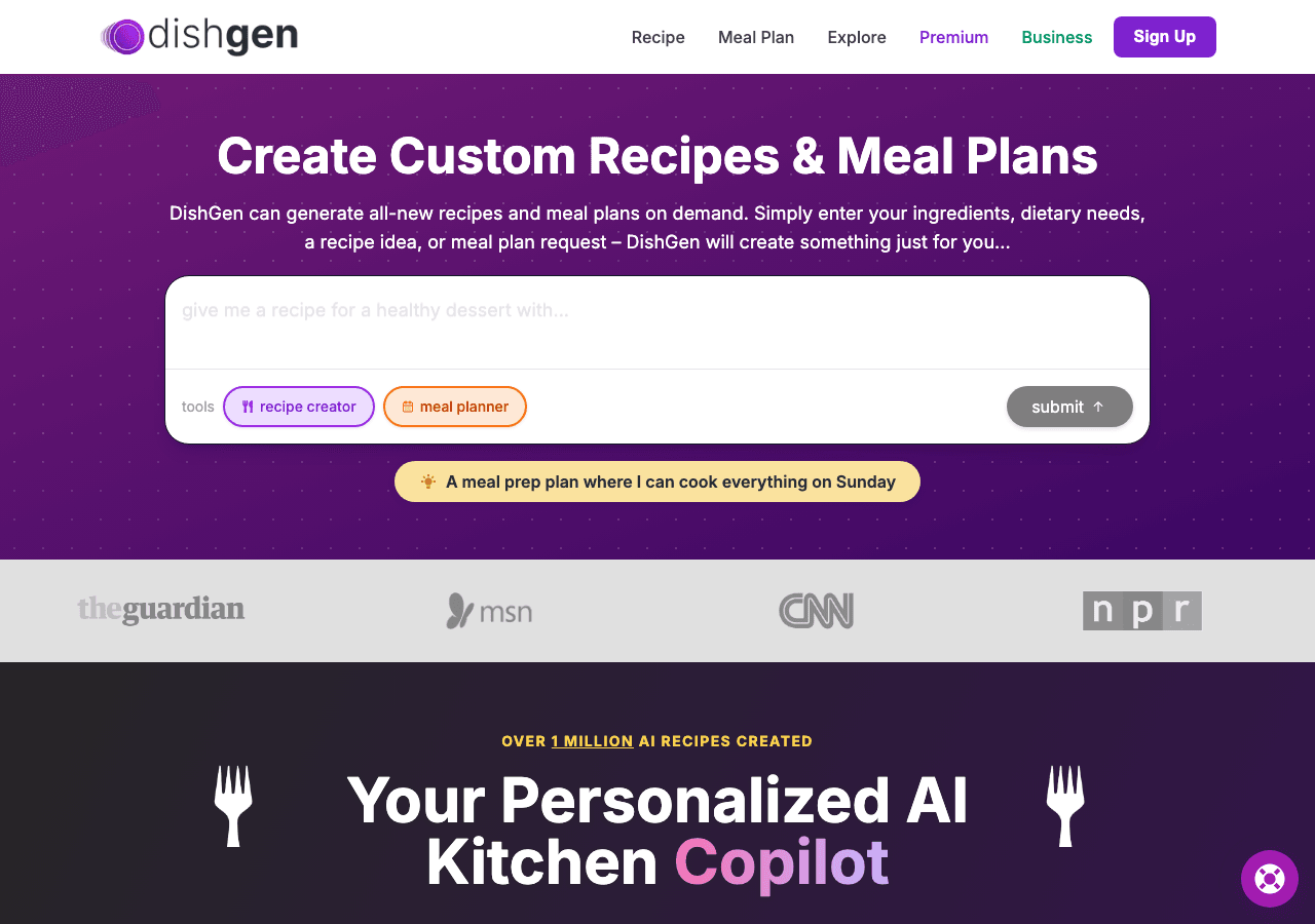 DishGen Conversational AI showing Conversational AI - Your Personalized AI Kitchen Copilot