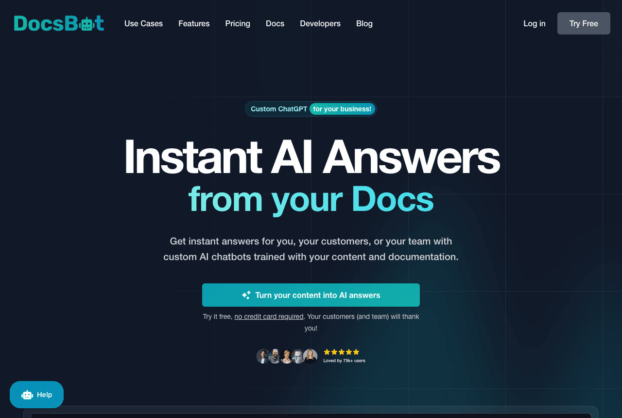 DocsBot AI Conversational AI showing custom chatbot - Custom AI chatbots trained on your content for instant, accurate answer
