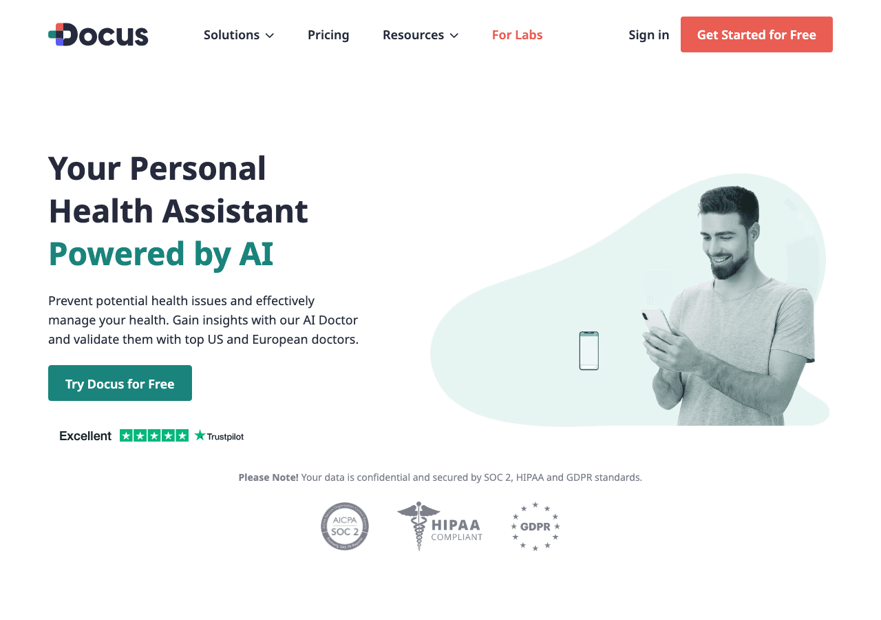 Docus AI Conversational AI showing Conversational AI - Making healthcare smarter, clearer, and more personal with AI
